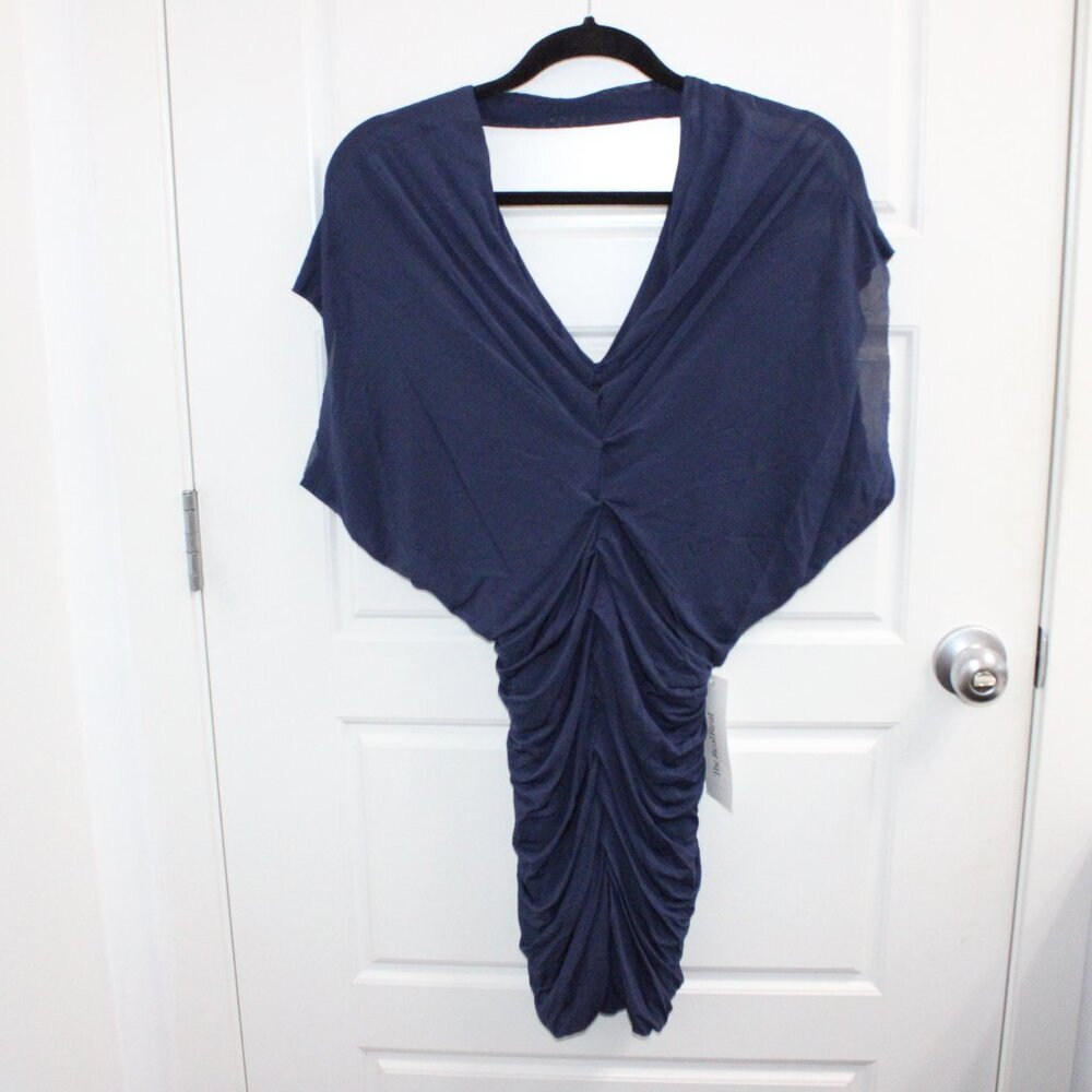 Yigal Azrouel Short‎ Sleeve V Neck Midi Dress Ruched Navy